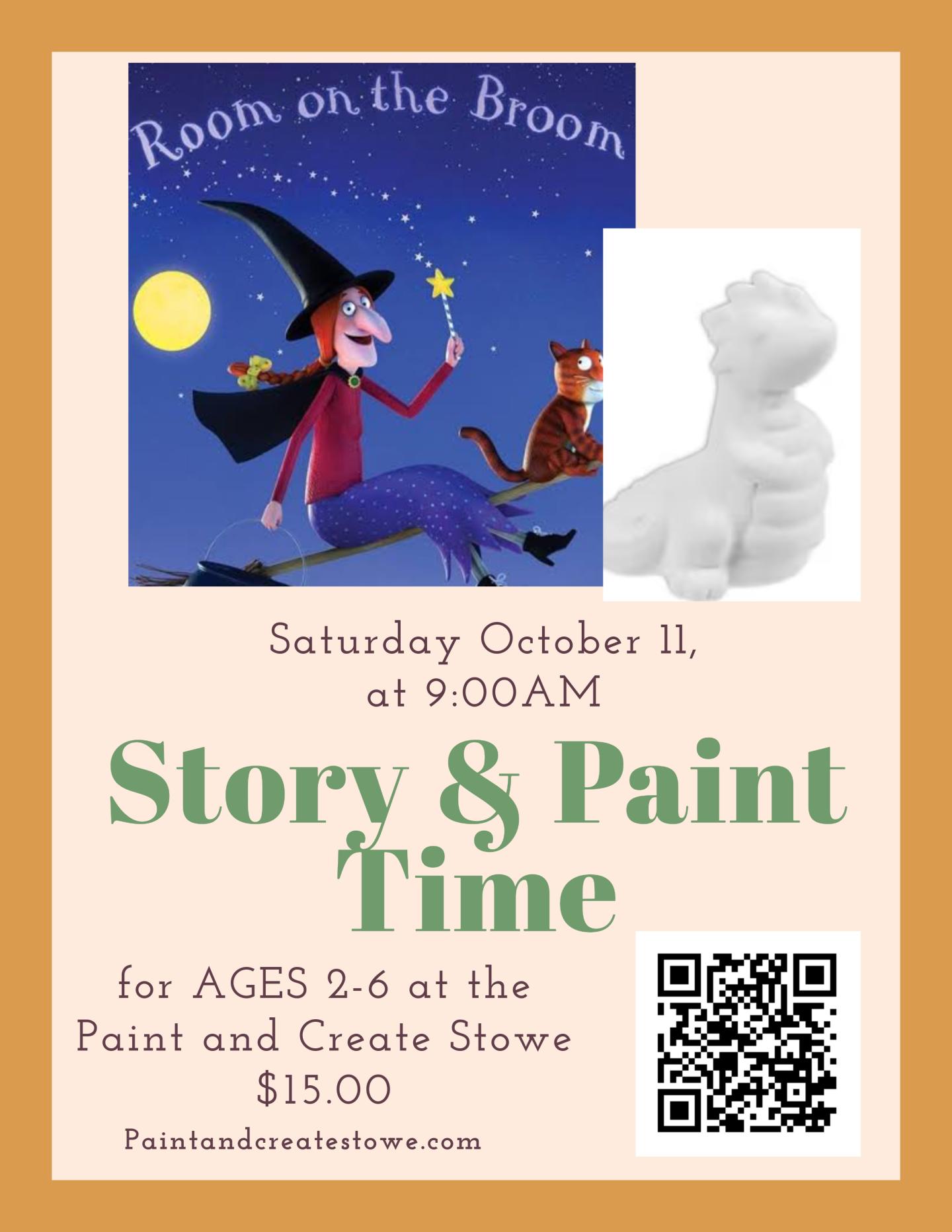 Story and paint event flyer featuring a witch on a broomstick.