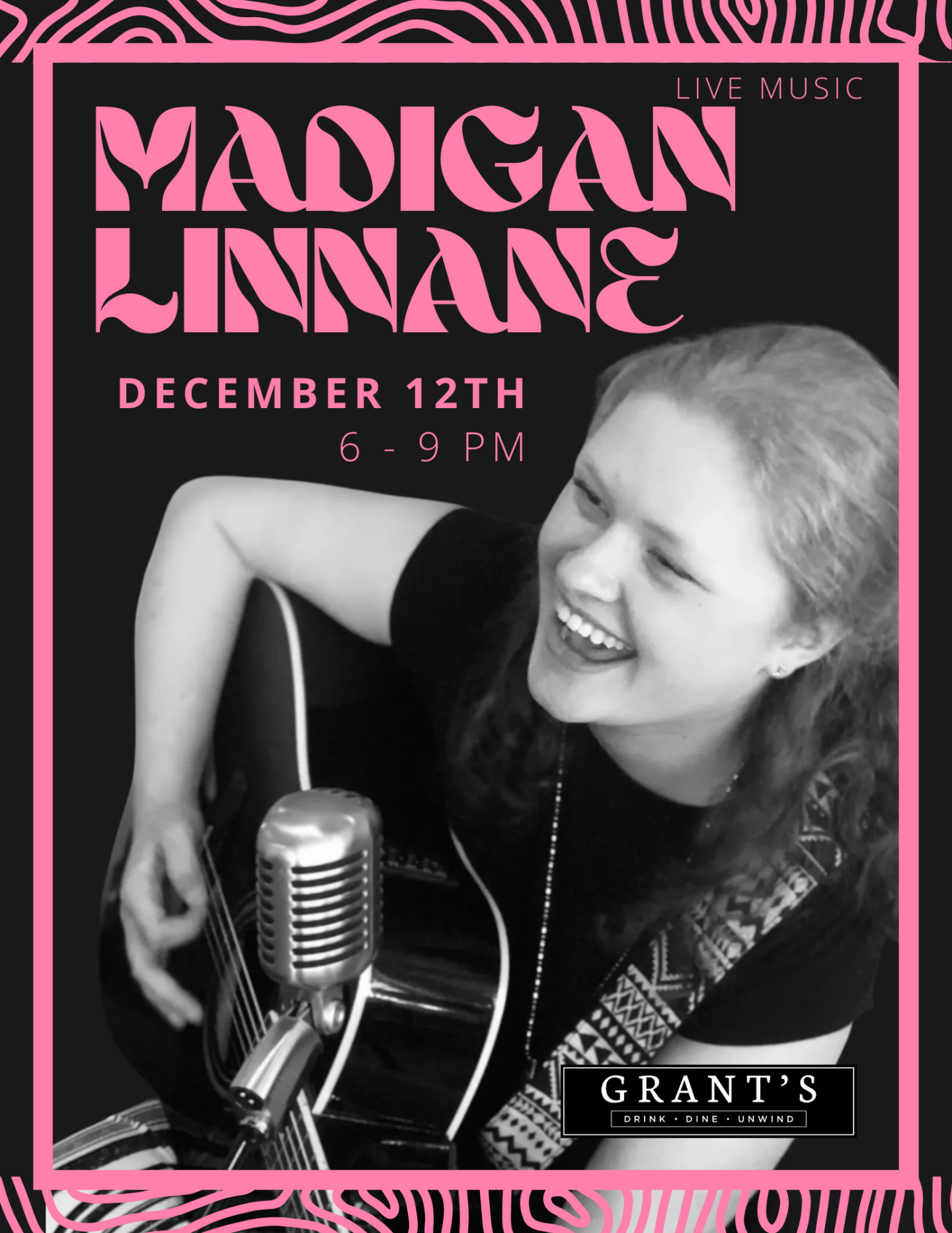 Grayscale poster of a smiling person playing guitar with a vintage microphone.