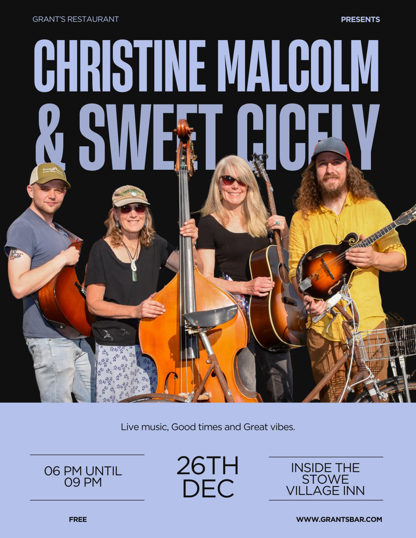 A band with guitars and double bass, smiling outdoors in casual clothes.