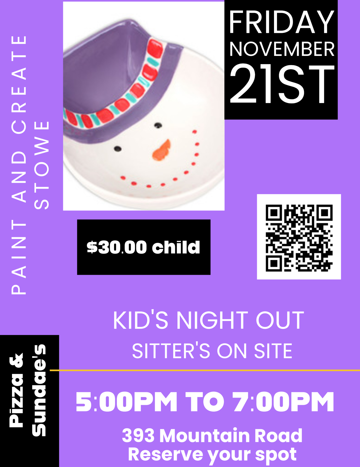 A smiling snowman plate, event details for Kids' Night Out.