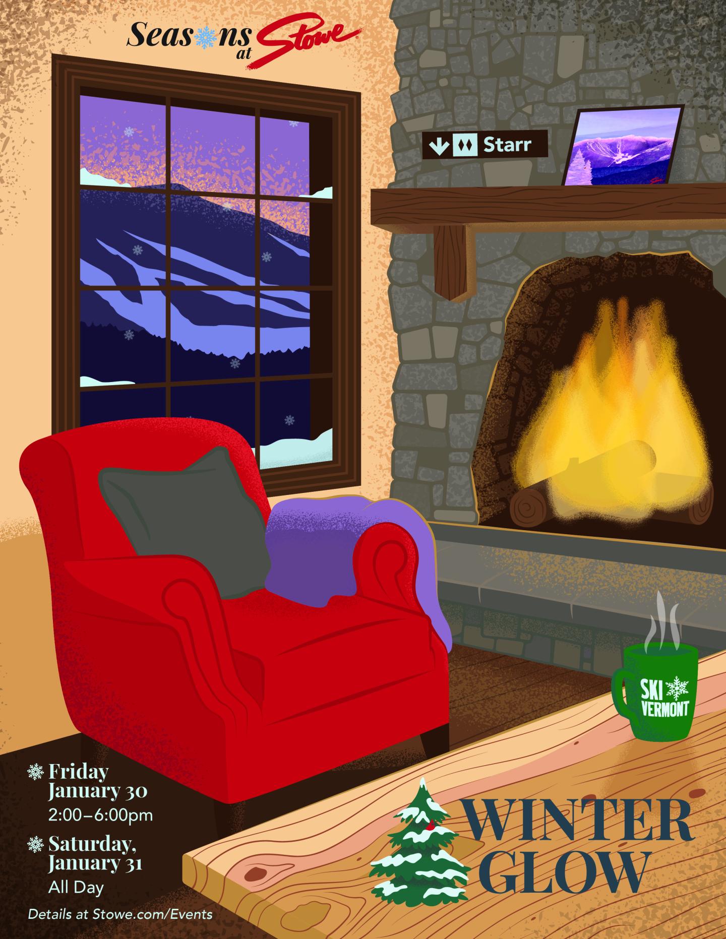 Cozy room with red chair, fireplace, snowy window view, and hot drink. Promo poster.