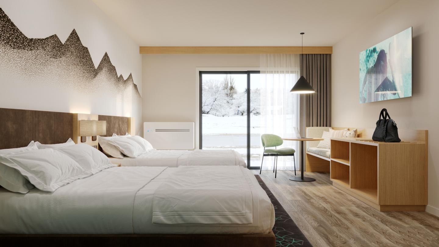 Hotel room with two beds, a desk, large TV, and a balcony view of snow.