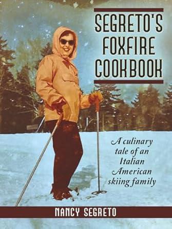 Skier in vintage gear on a snowy slope with trees, cookbook cover design.