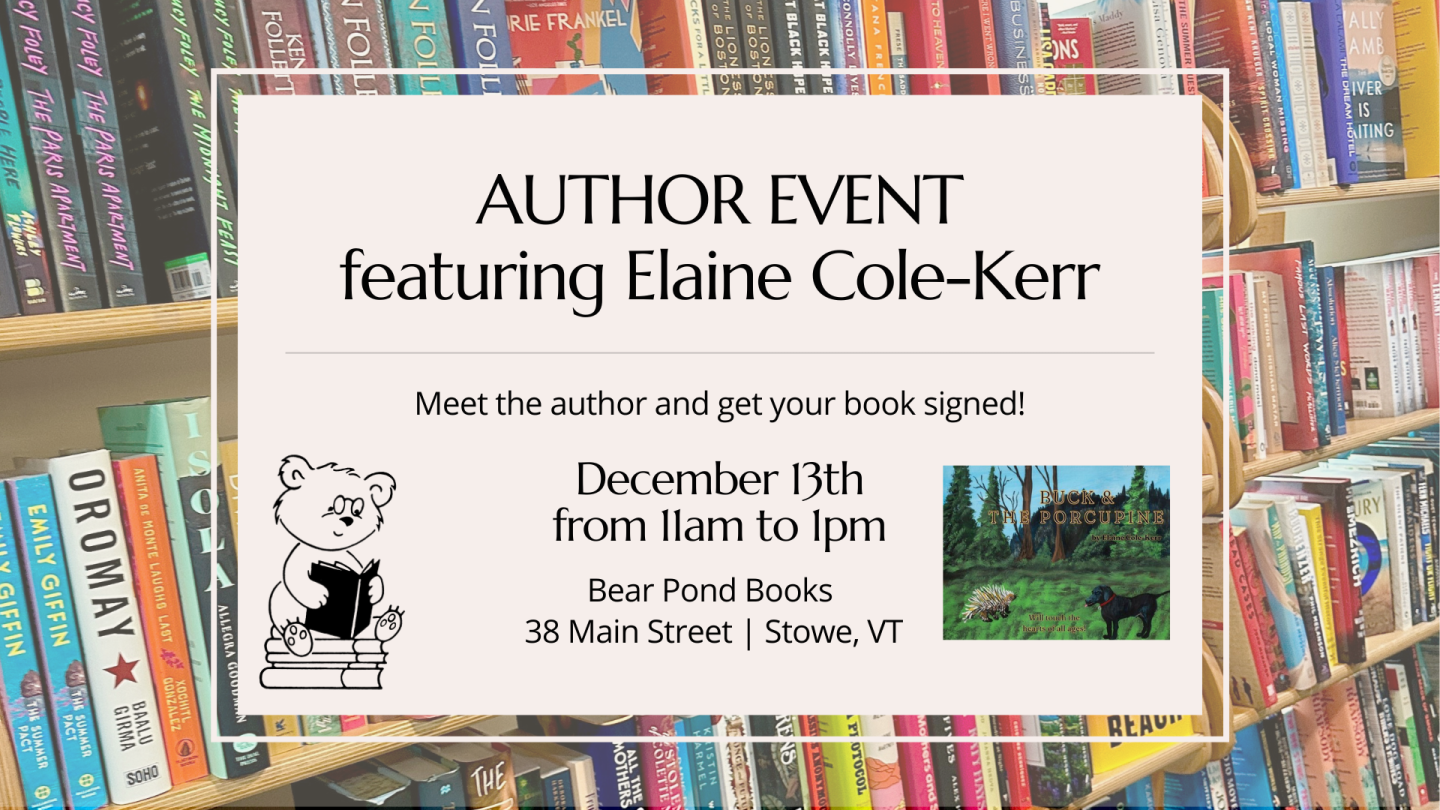 Author event poster on a bookshelf background.