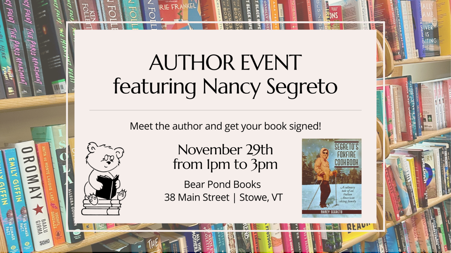 Author event flyer on a background of colorful bookshelves.