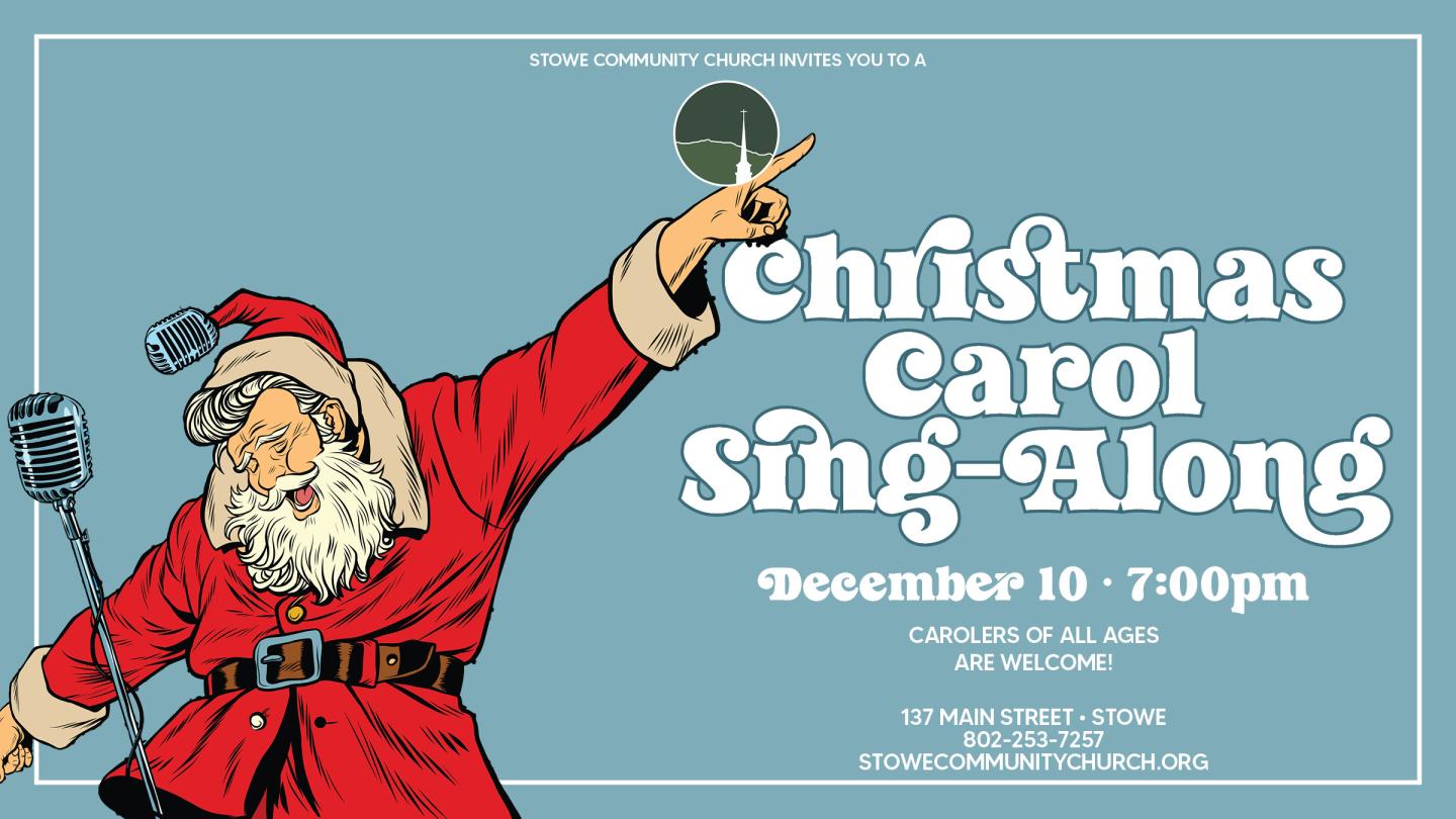 Santa Claus singing with a microphone, promoting Christmas carol event.
