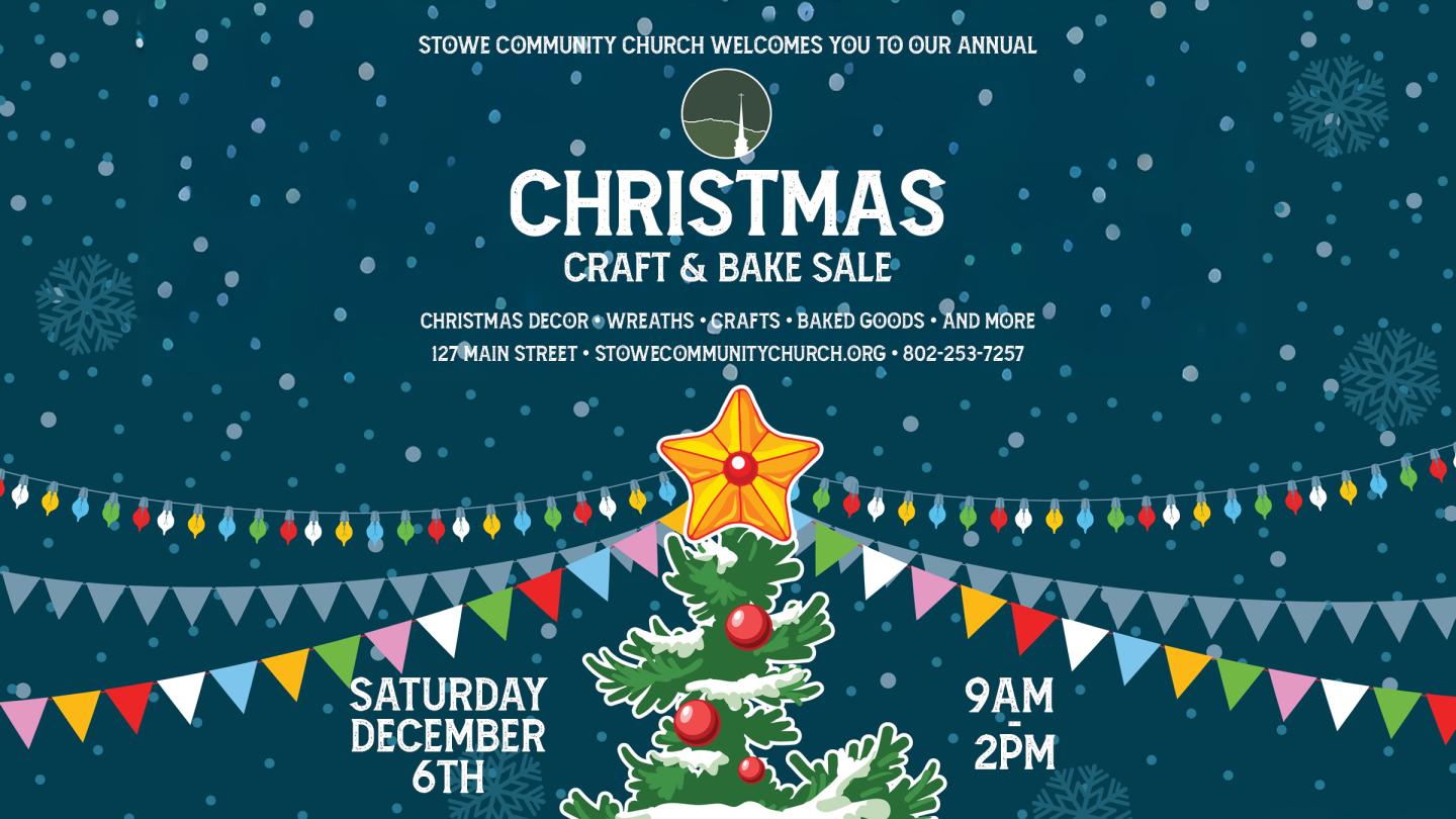 Christmas tree with colorful bunting on a snowy blue background.