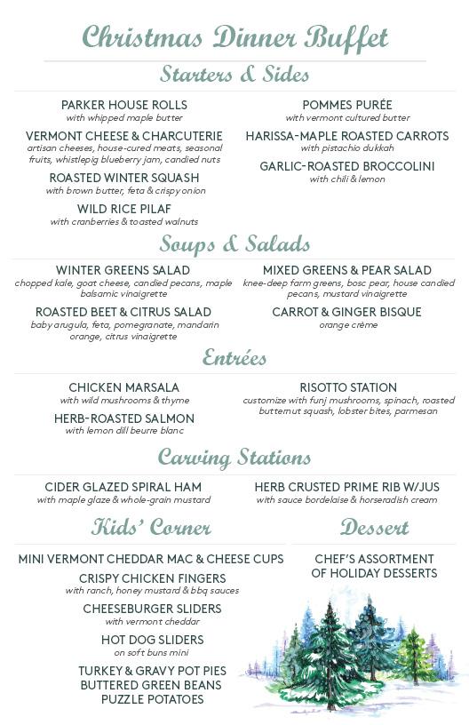 Christmas dinner buffet menu with winter-themed graphics.