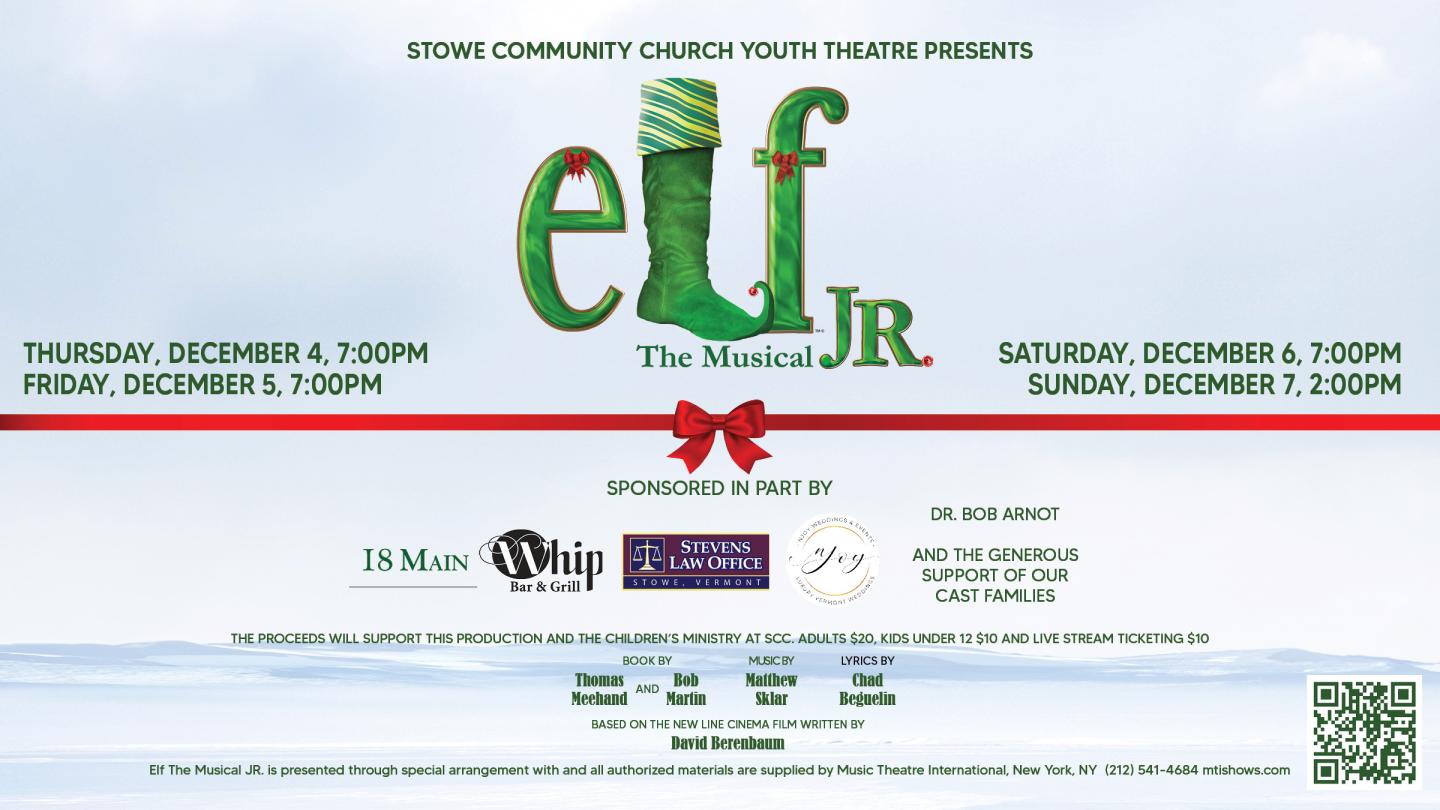 Green "Elf Jr." musical poster with red accents and sponsor logos.