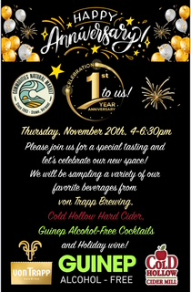 Happy Anniversary banner with gold and black balloons and logos.