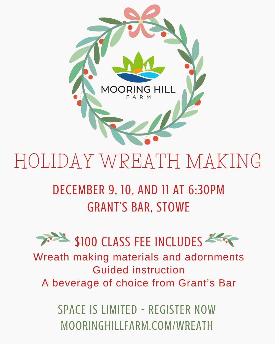 Holiday wreath making event details with wreath graphic and logo.