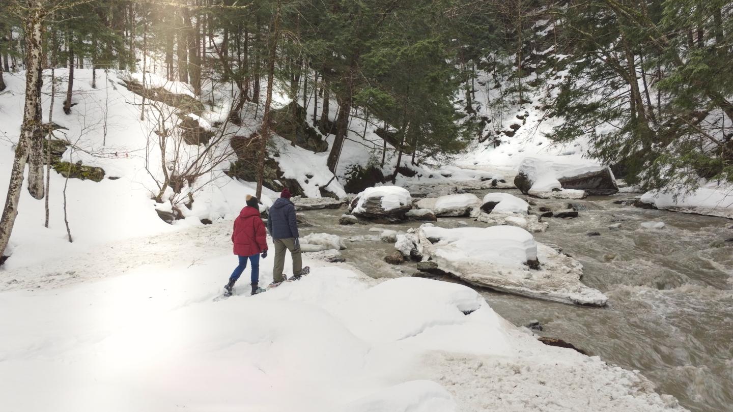 Couple walking on snowy riverbank in winter forest.