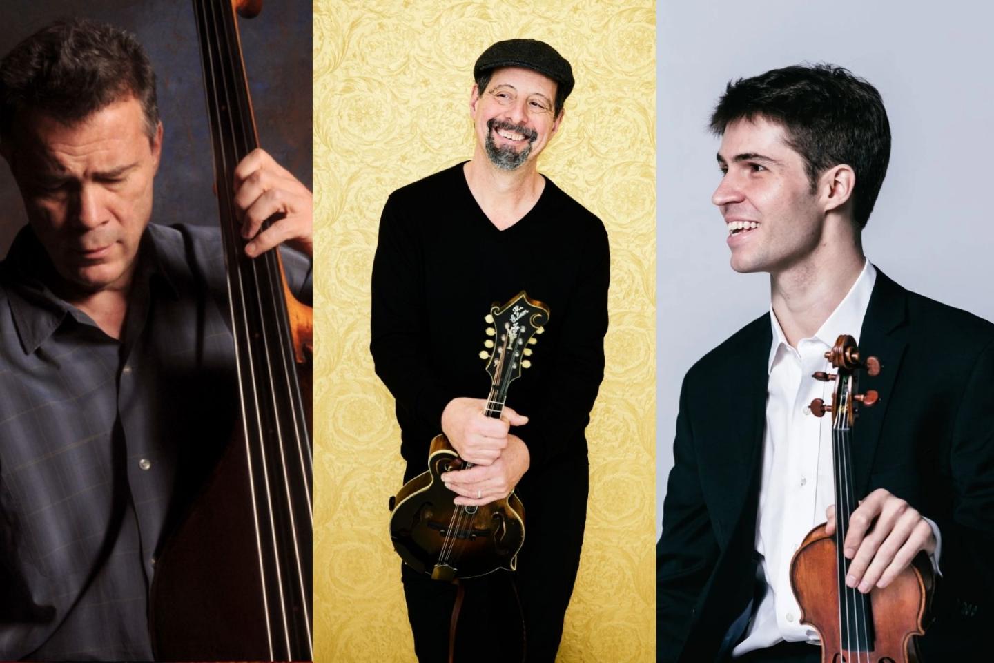 Three musicians with instruments: upright bass, mandolin, and violin.