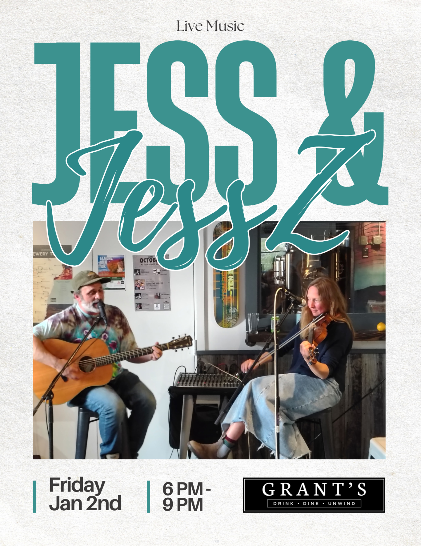 Live music duo playing guitar and singing indoors.