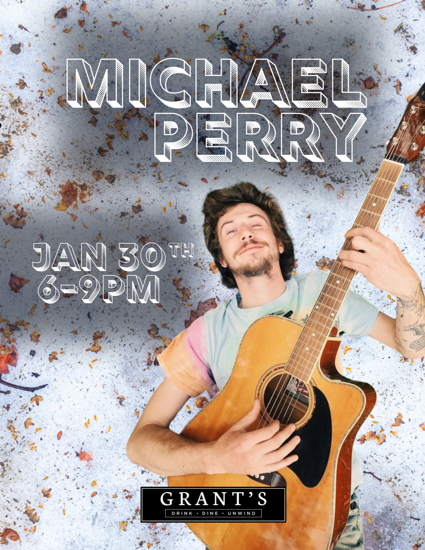 Musician playing guitar with eyes closed, colorful shirt, confetti background.