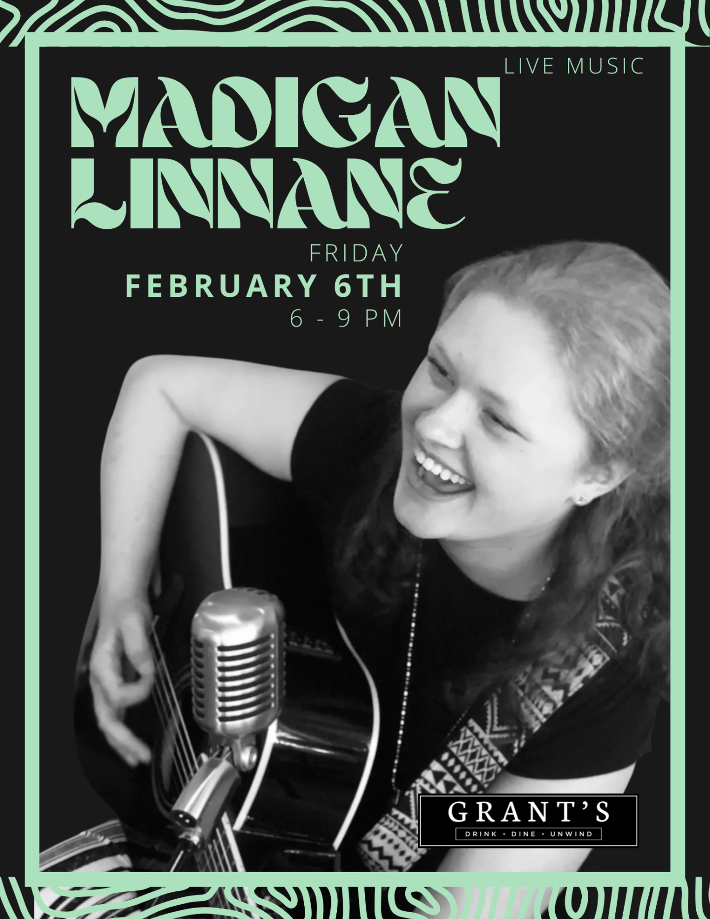 Smiling woman playing guitar with microphone, black and white graphic.