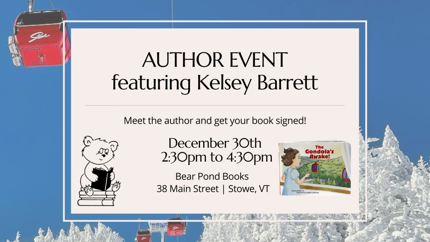 Author event flyer with snowy background and book cover.