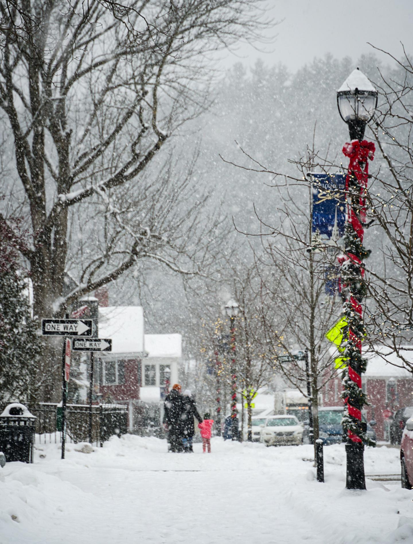 Snowy street scene with people walking, decorated lampposts, and snow-covered houses.