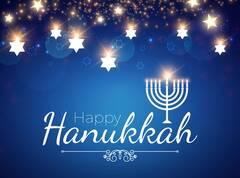 Blue Hanukkah greeting with menorah and glowing stars.