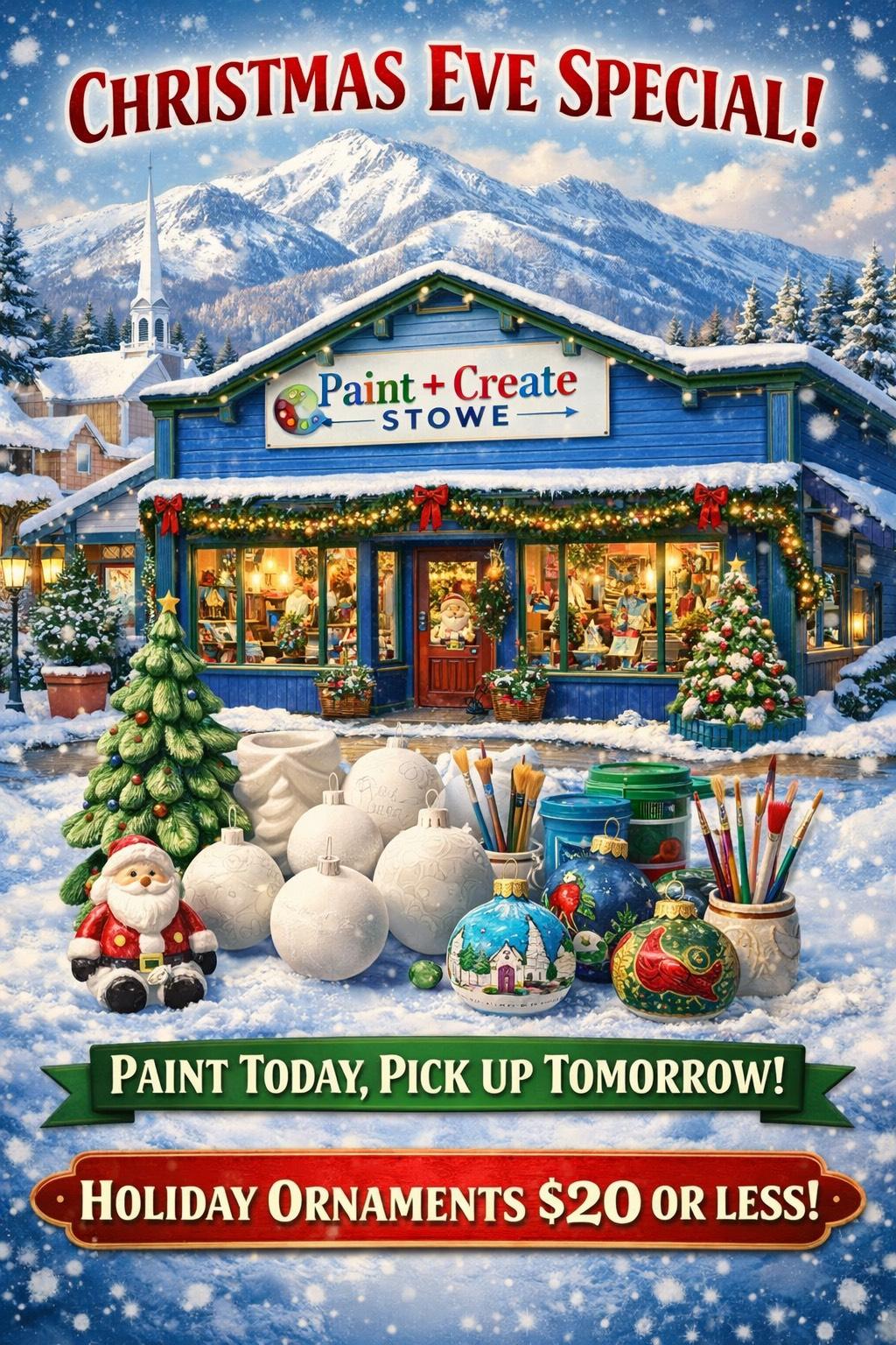 Snowy art store with Christmas decor and pottery painting supplies outside.