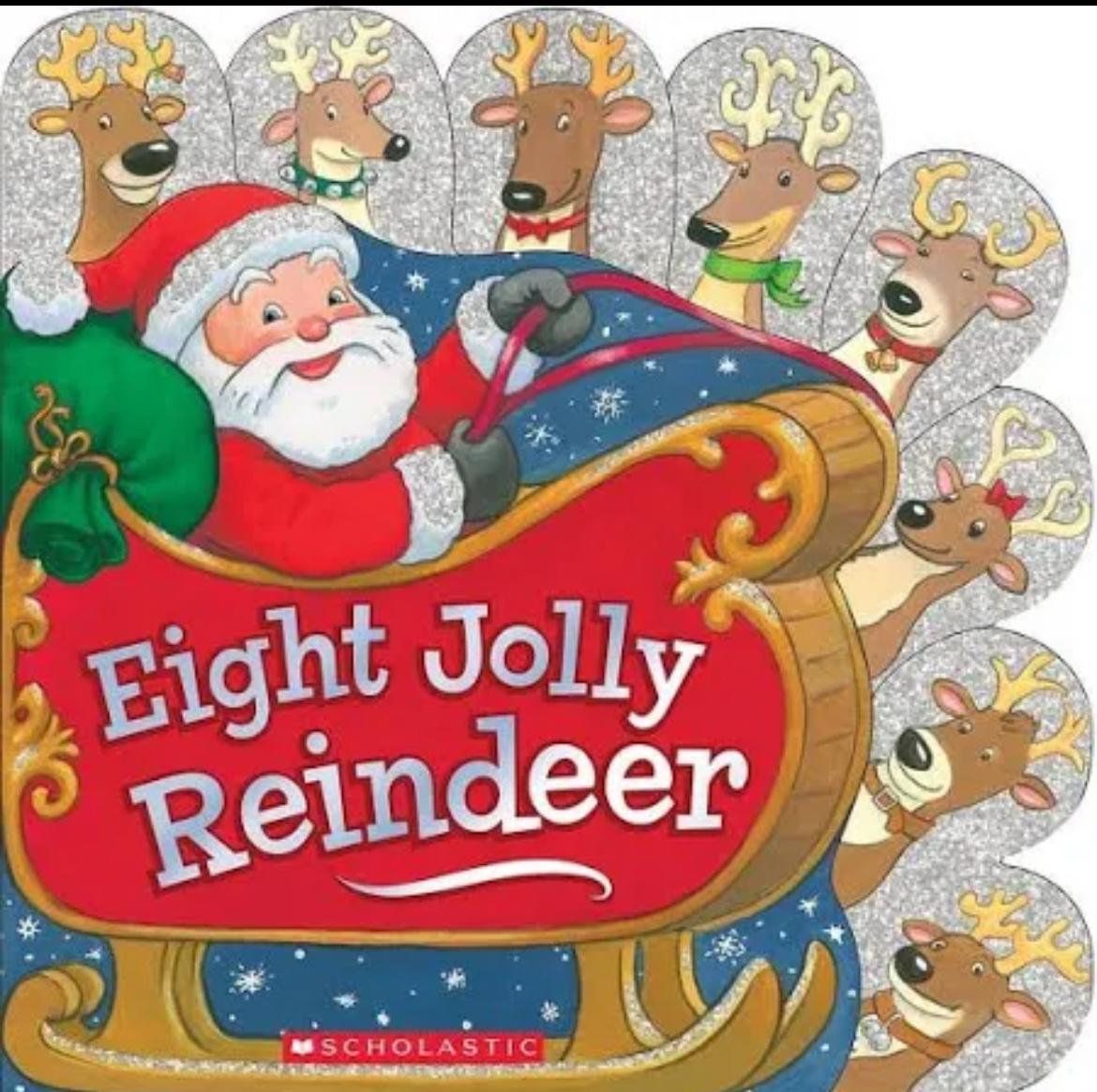 Santa in a sleigh with eight reindeer on a festive book cover.
