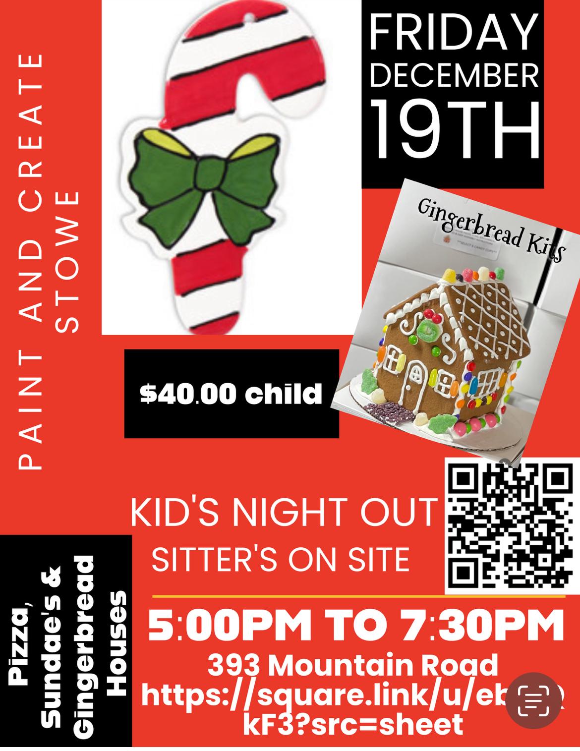 Candy cane and gingerbread house graphic, event details in red and white text.