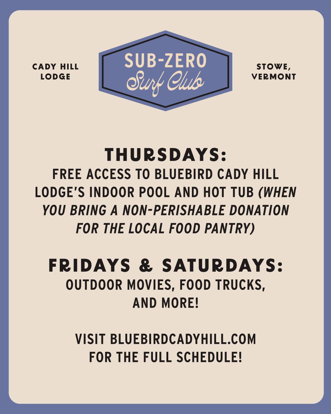 Sub-Zero Surf Club event flyer with times and activities listed.
