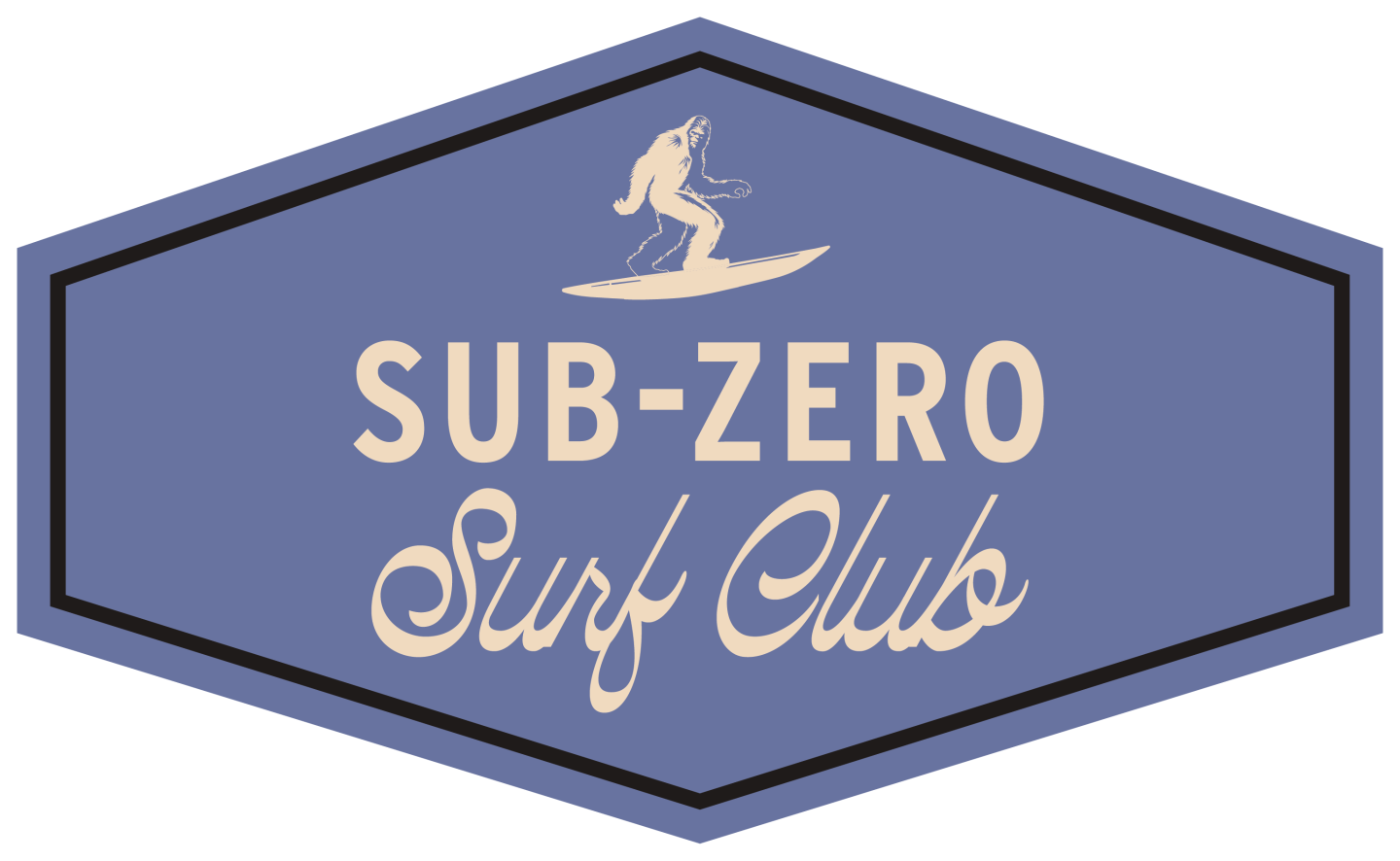 Sub-Zero Surf Club logo with surfer silhouette on blue background.