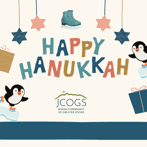 Happy Hanukkah with penguins, gifts, and stars.