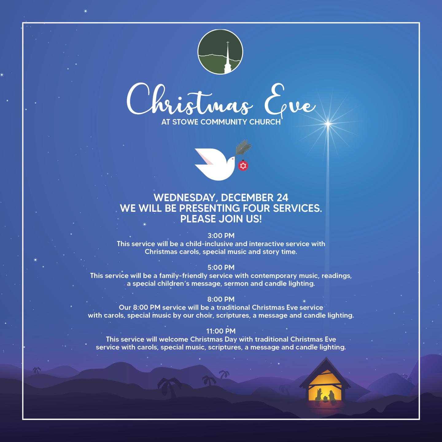 Christmas Eve invitation with dove, starry sky, and Bethlehem scene at night.