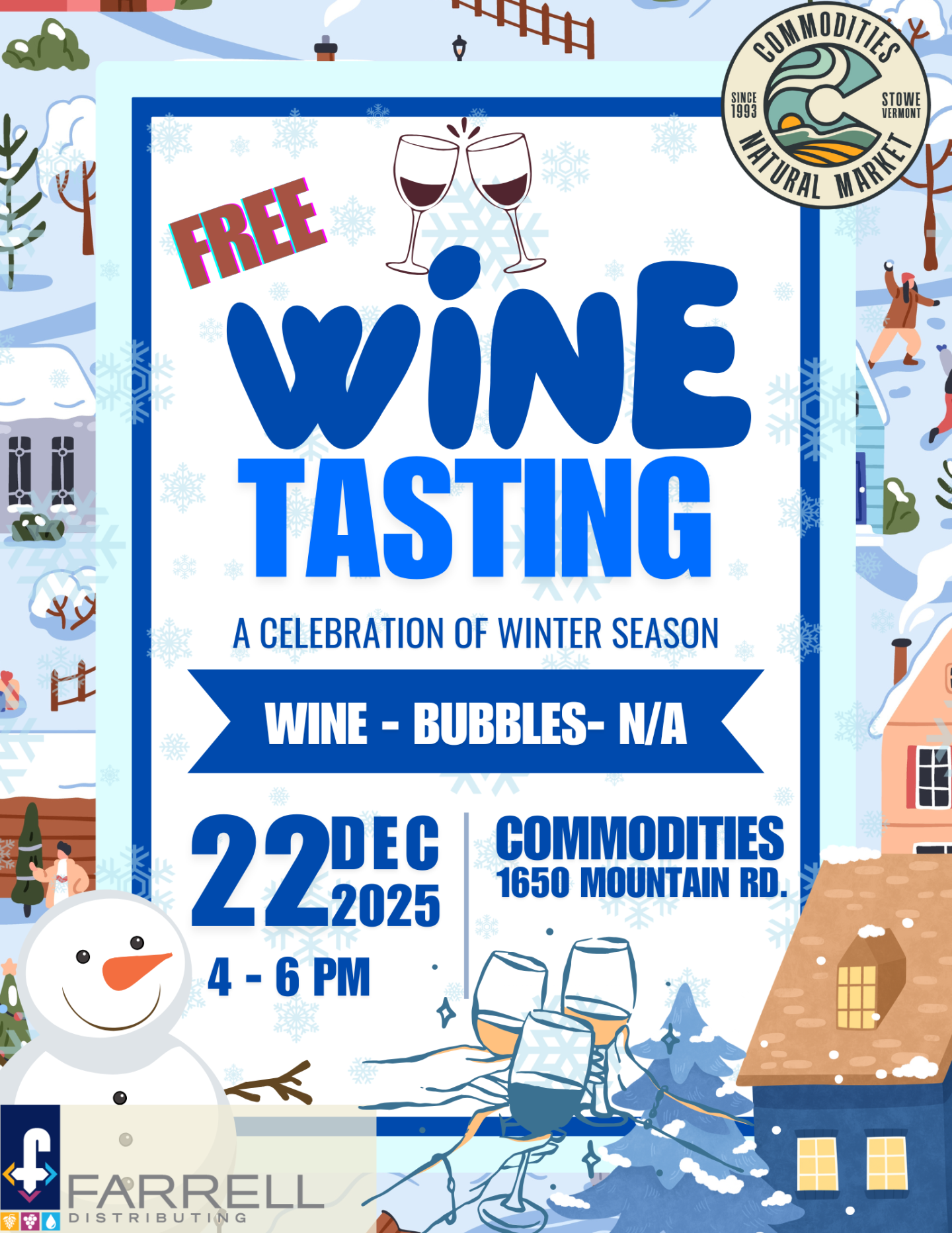 Winter wine tasting event poster with festive snowy background.