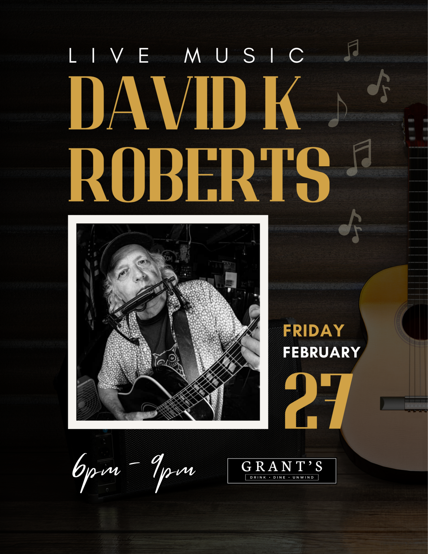 Live music event poster with musician playing guitar.