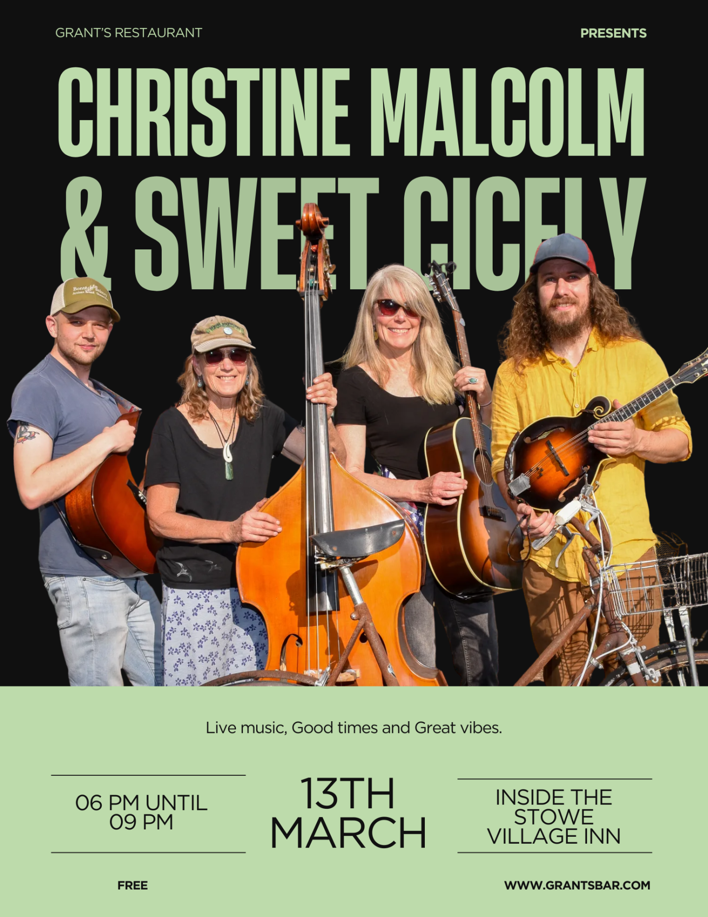 Four musicians with instruments on a music event poster.