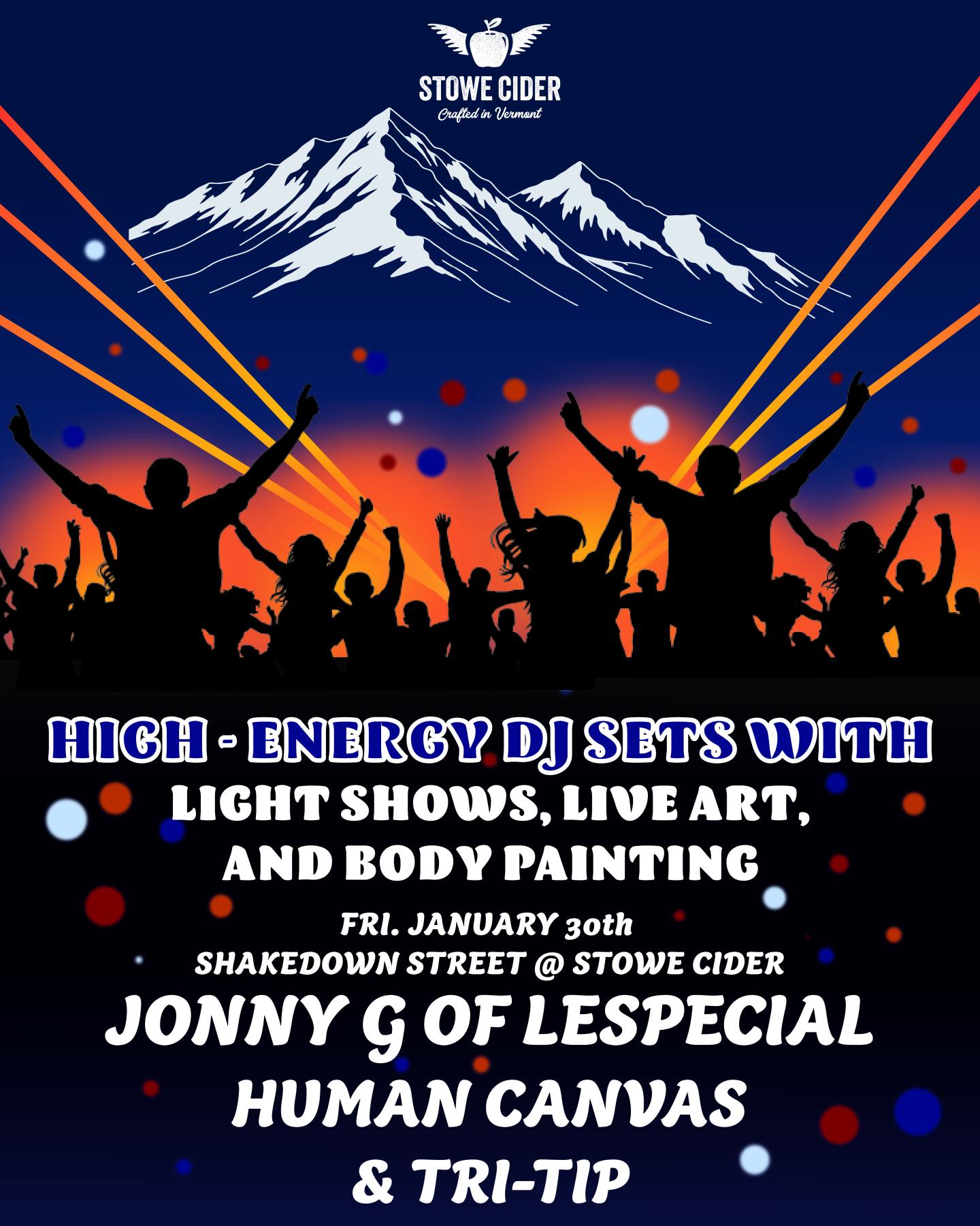 Silhouetted crowd with raised arms, colorful lights, mountain graphic above.