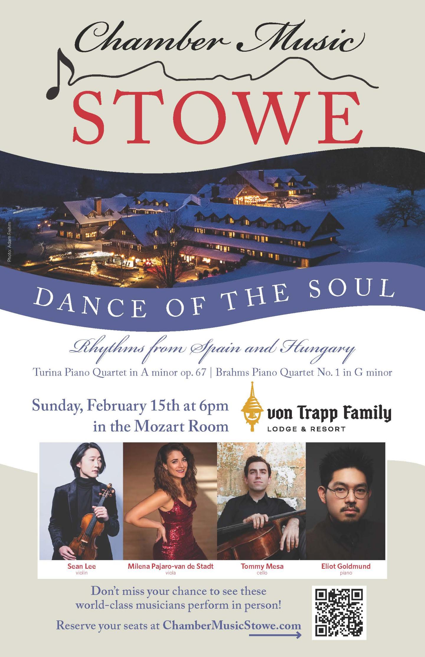 Chamber music event poster with landscape and musician photos.