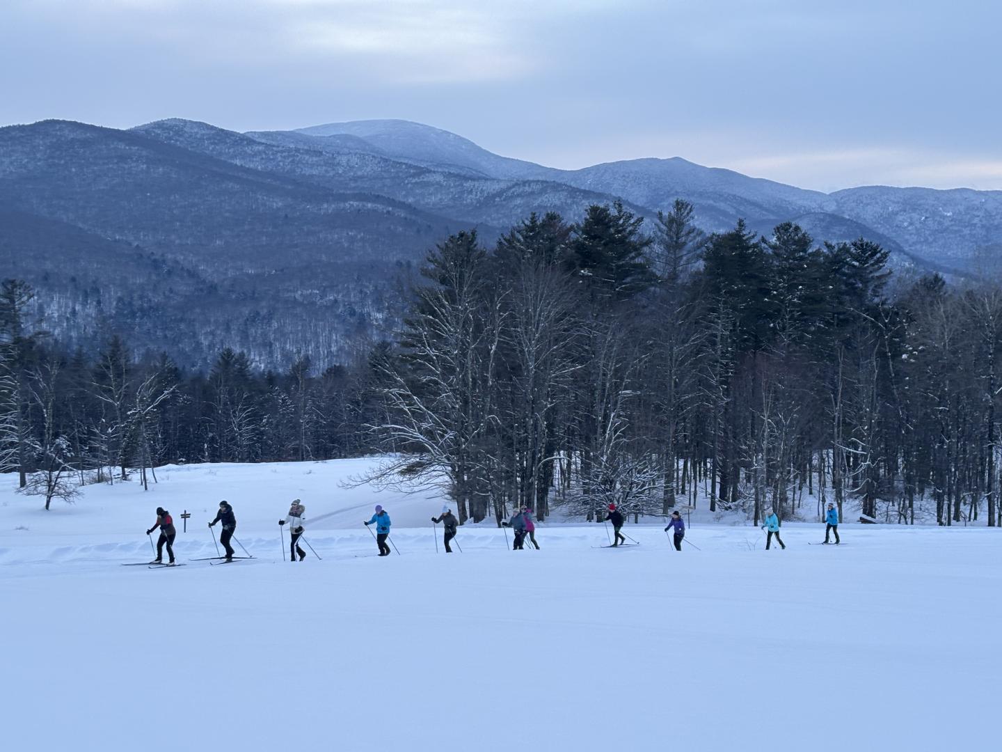 Line of people snowshoeing through a snowy field, mountains in the background.