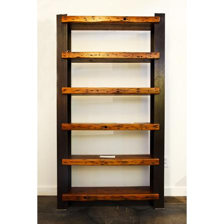 Wood and metal bookshelf with six empty shelves against a white wall.