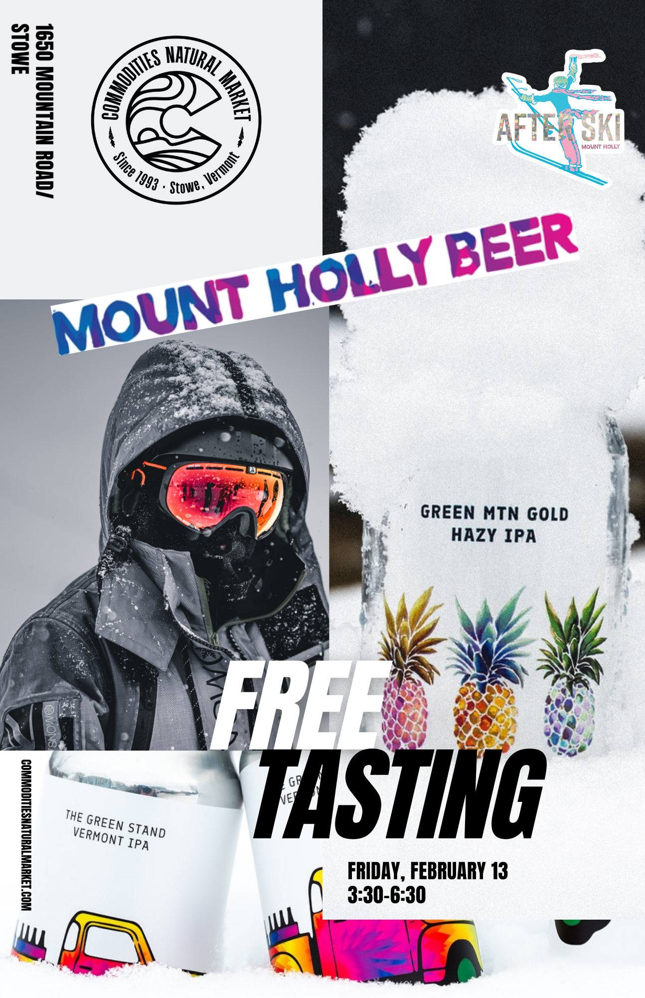 Snowboarder in goggles, beer glass with snow and pineapples, festival graphics.