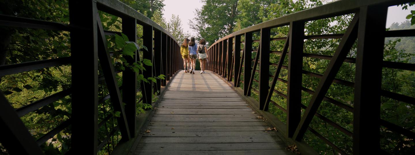 Wooden bridge surrounded by lush trees, couple walking ahead.