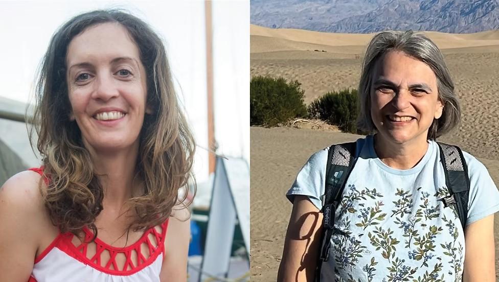 Two women smiling in an outdoor setting, one at a beach, the other in a desert.