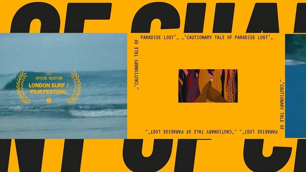 Ocean waves and award logo on left, orange graphic with artwork on right.