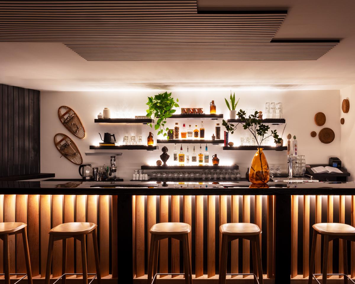 Modern bar with warm lighting, wooden stools, shelves of bottles, and decorative plants.