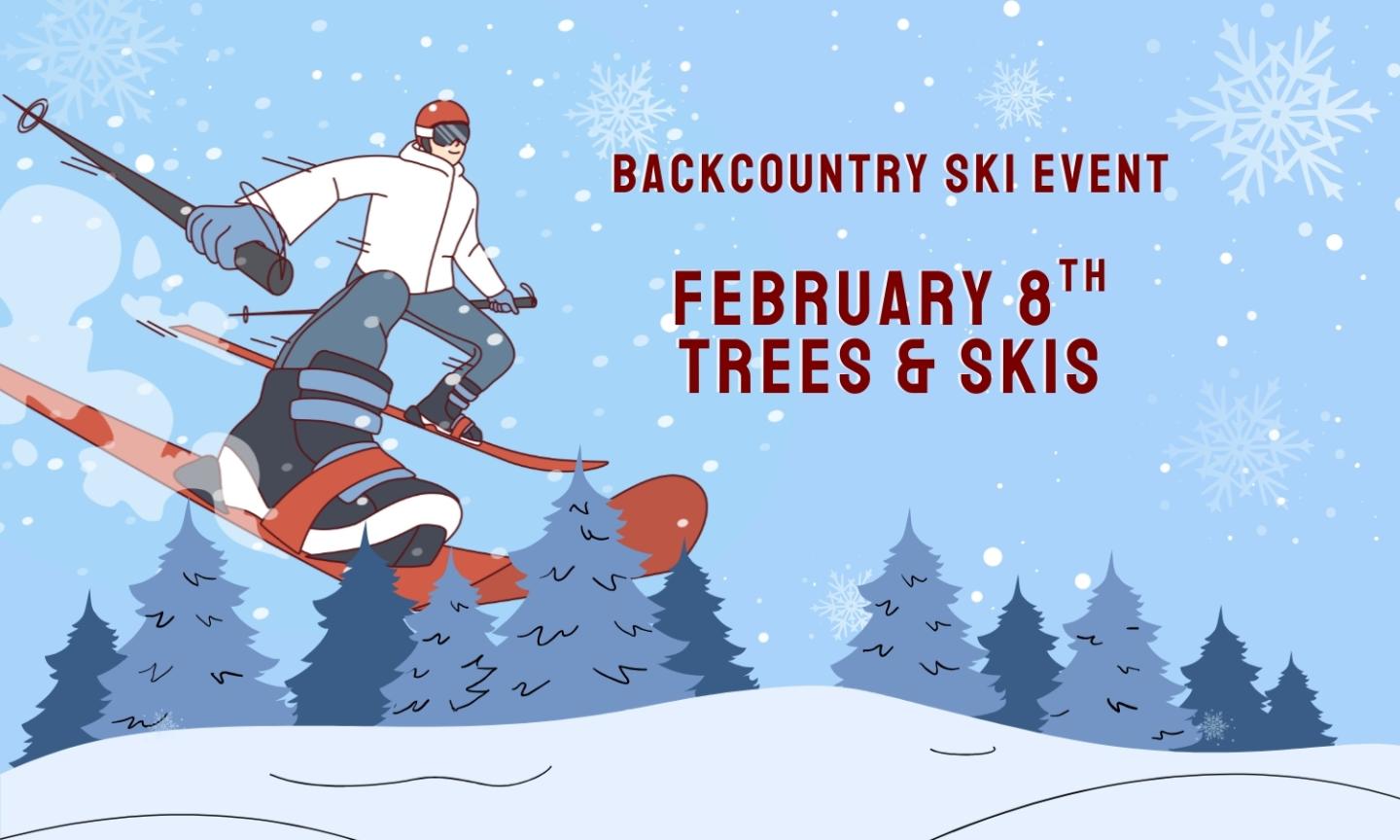 Skier jumping in snowy forest, winter sky background.