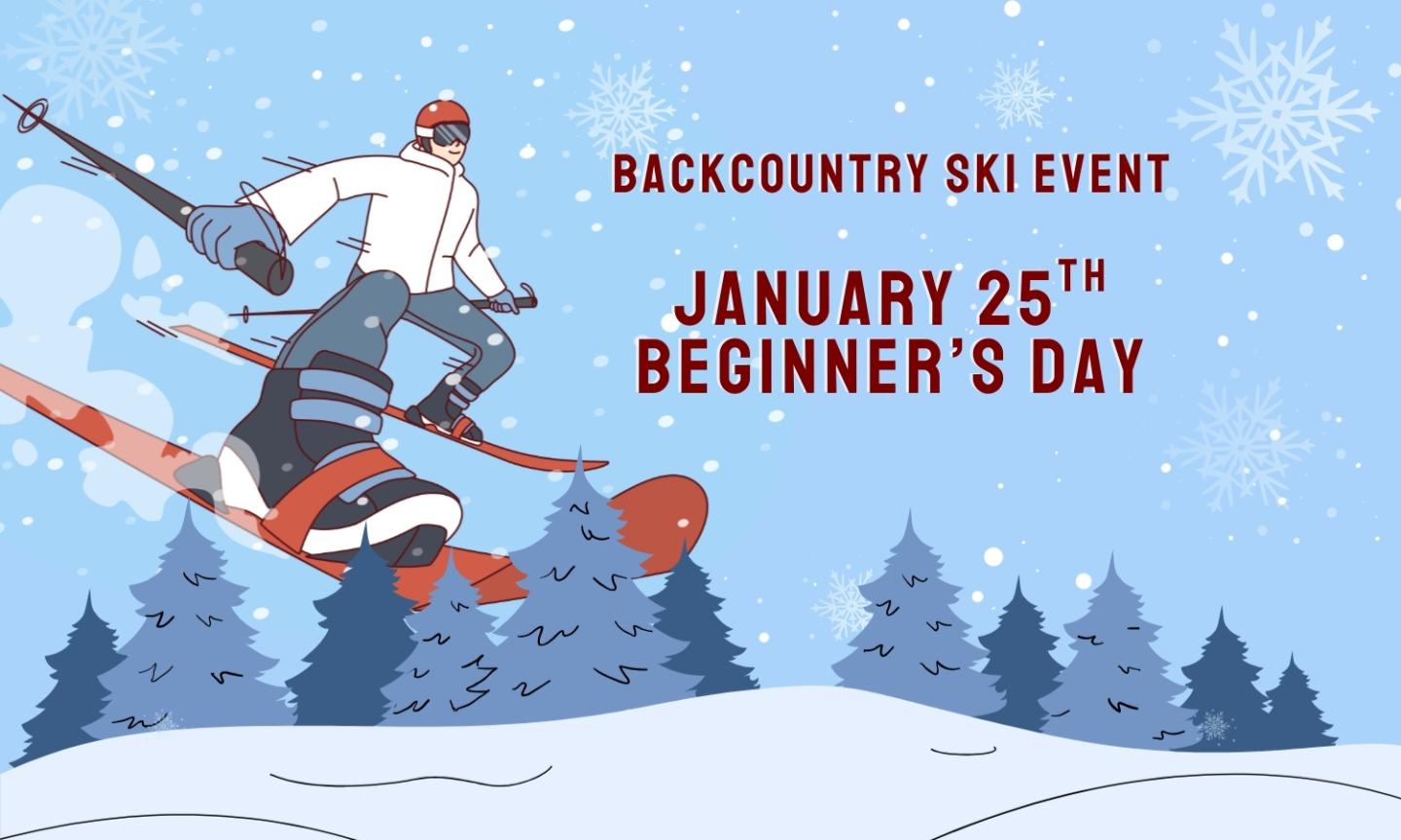 Skier jumping with snowboard in snowy forest, clear blue sky background.