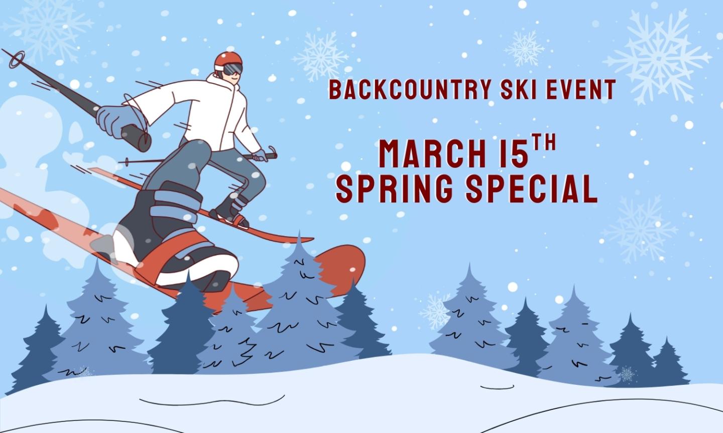 A skier in mid-jump against a snowy backdrop with pine trees.