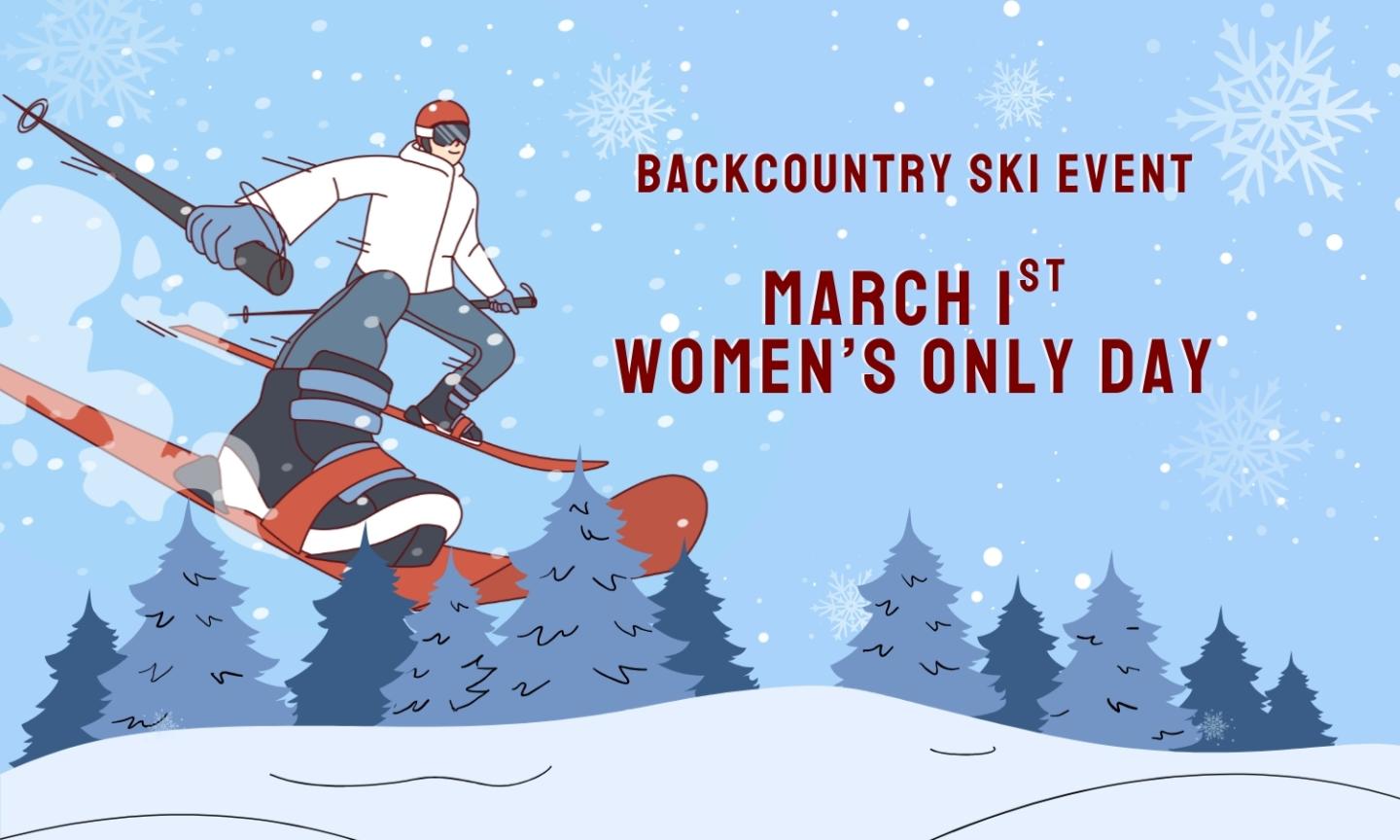 Skier in snowy forest with event text.