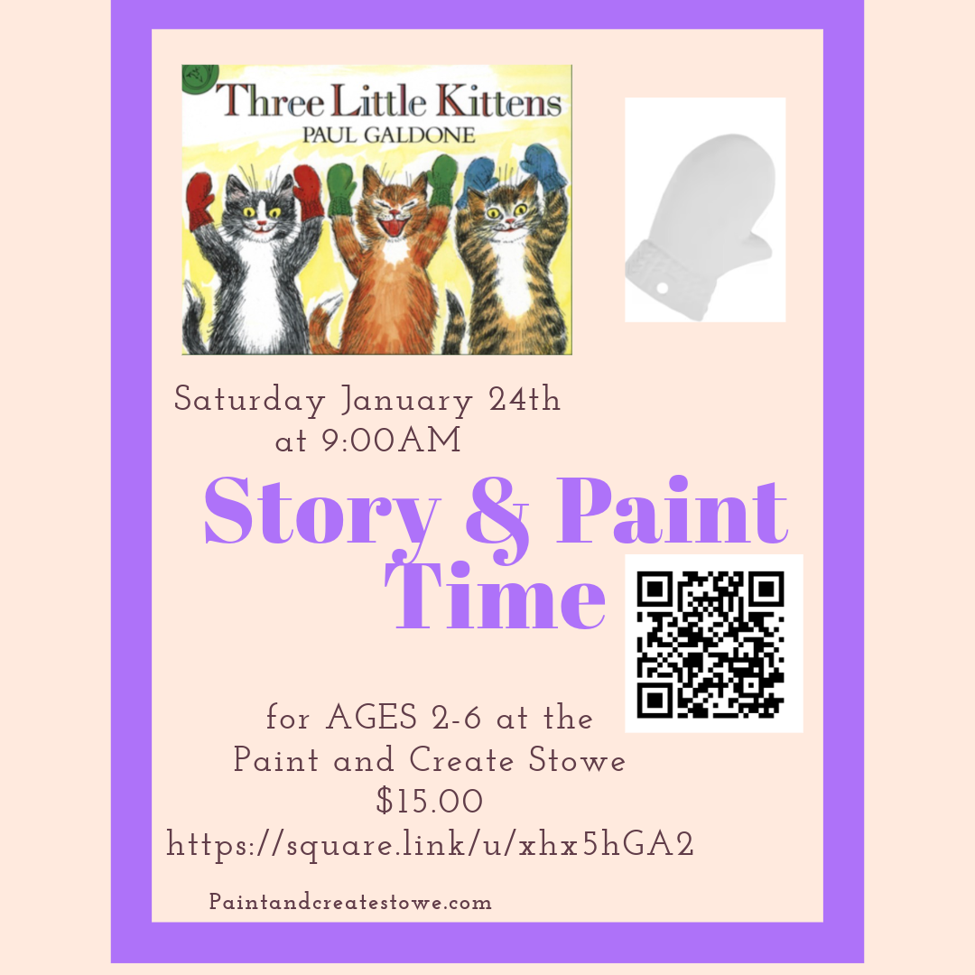 Story and paint event flyer with three kittens illustration.