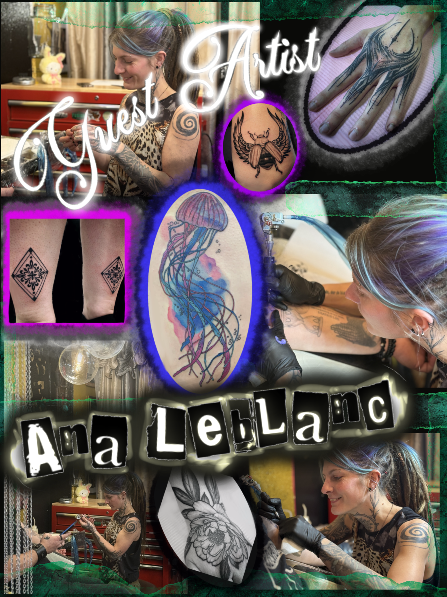 Collage of a tattoo artist at work, showcasing various tattoo designs.