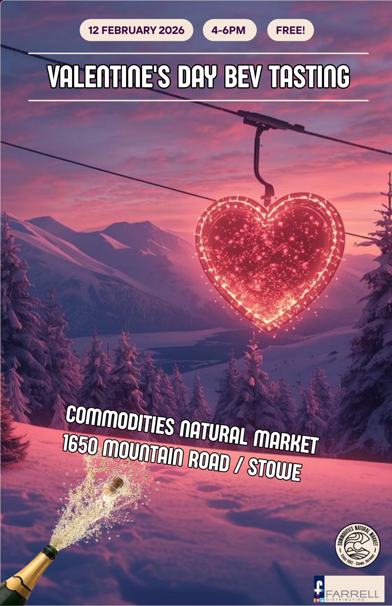 A glowing heart-shaped gondola with mountain background 