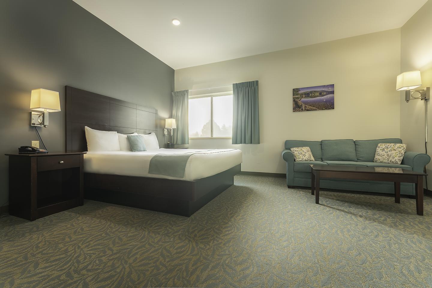 Bedroom with a bed, sofa, and a window. Neutral tones, soft lighting.